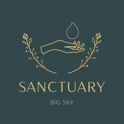 Sanctuary Big Sky logo with hand, water droplet, decorative branches.